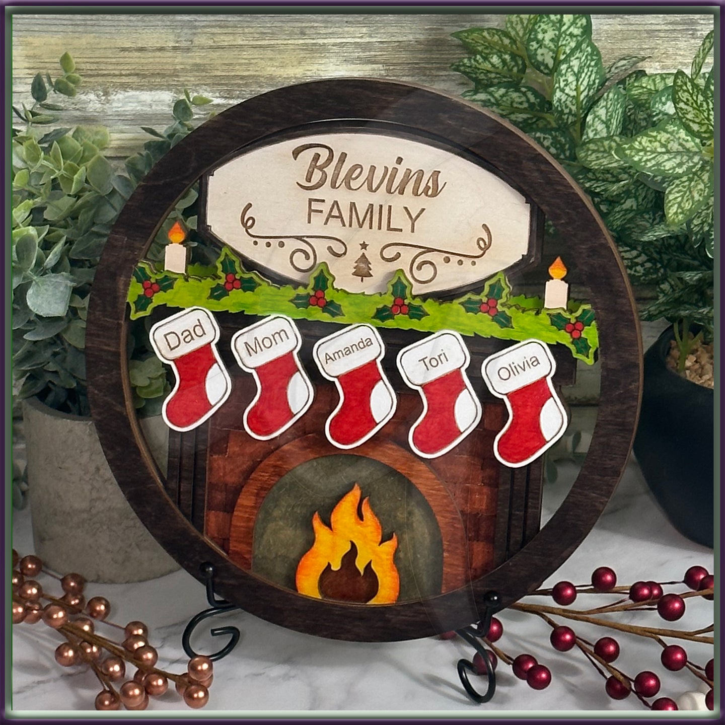 Personalized Christmas Sign Round With Fireplace and Stockings
